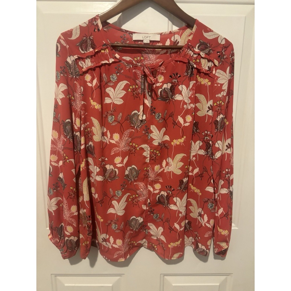 Ann Taylor Loft Floral Women's Tie‎ Neck long sleeve Top Blouse Red Medium Boho